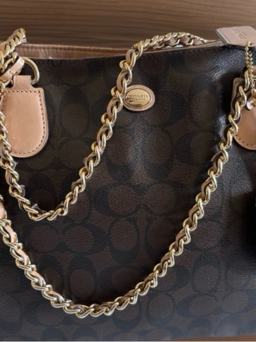 Coach Dark Brown Signature Canvas Tote with Gold Chain Handles